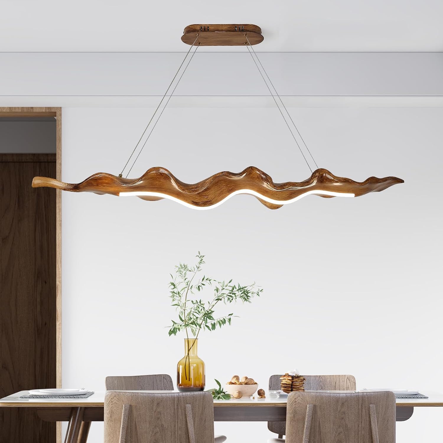 52W Kitchen Island Pendant Light 3000K-6000K Dimmable Chandeliers Hanging Lamp Adjustable with Remote Control, Wood Leaf Style LED Lighting for Kitchen Bedroom Study, 100Cm
