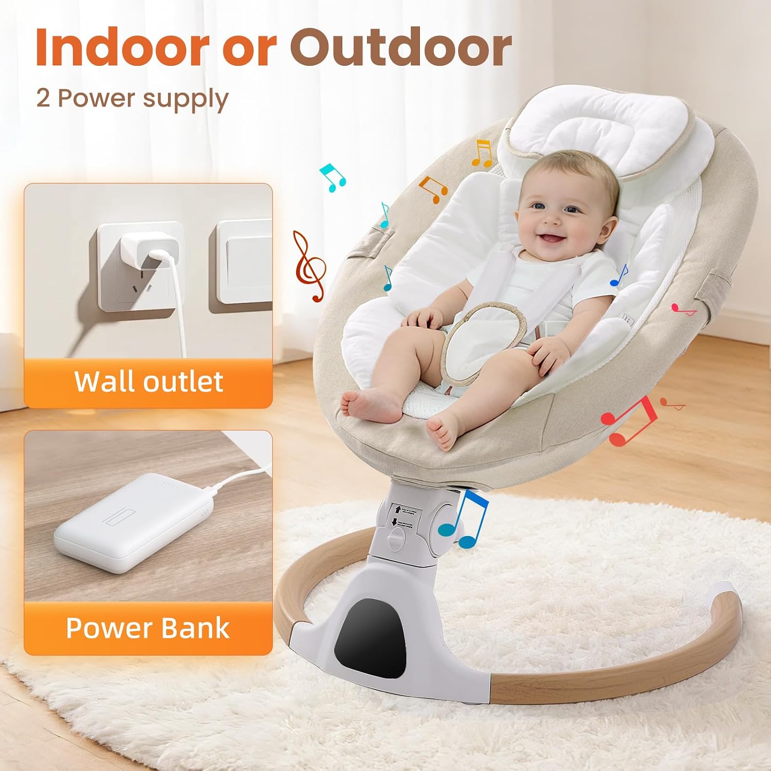 Electric Baby Swing Chair from Birth, 0–6 Months, max 9kg，Portable Newborn Baby Bouncer with Bluetooth, Rocking Rocker Chair 5 Swing Speed, 3 Angle Position, Remote Control & Touch Panel Beige