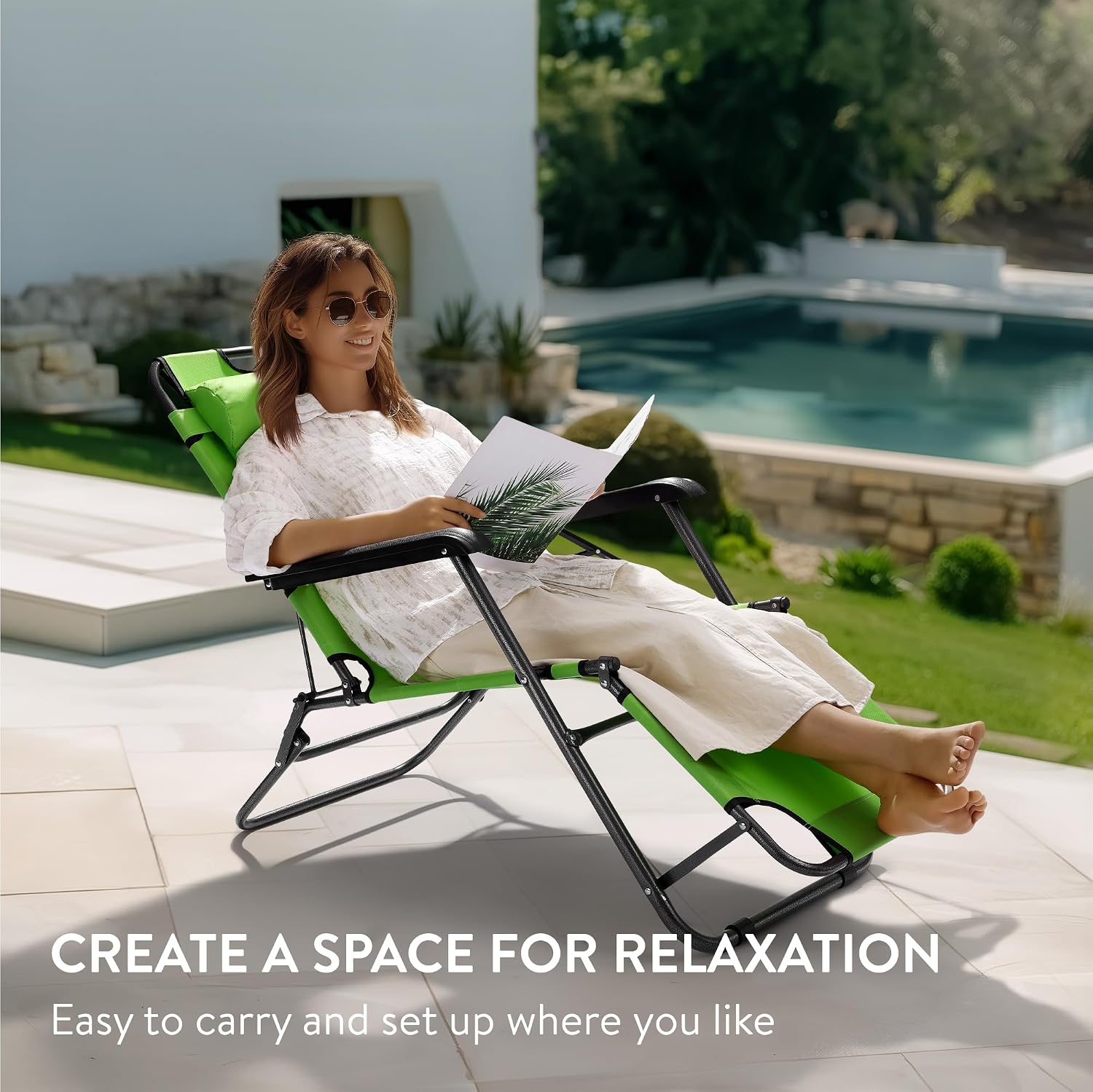 JEMIDI Sun Lounger, Green - Garden Chair with Reclining Backrest, Armrest & Headrest - Perfect for Patio, Poolside, Camping - Lightweight, Durable & Portable