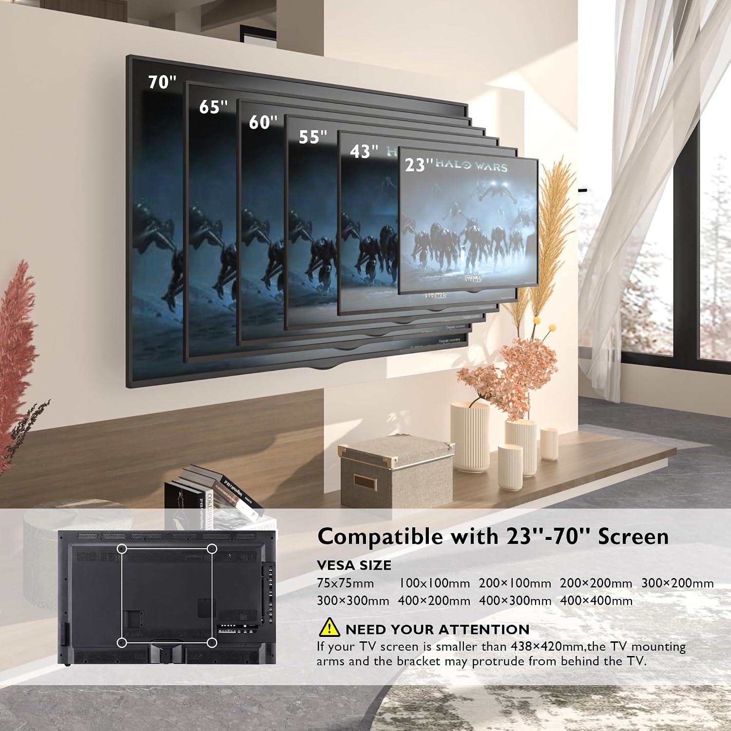 BONTEC TV Wall Bracket for 23-70 Inch TVs, Full Motion Wall Mount, 45 kg | Max VESA 400x400 mm, double arm design, swivel tilt extension to 380 mm, LED LCD OLED screens, spirit level included