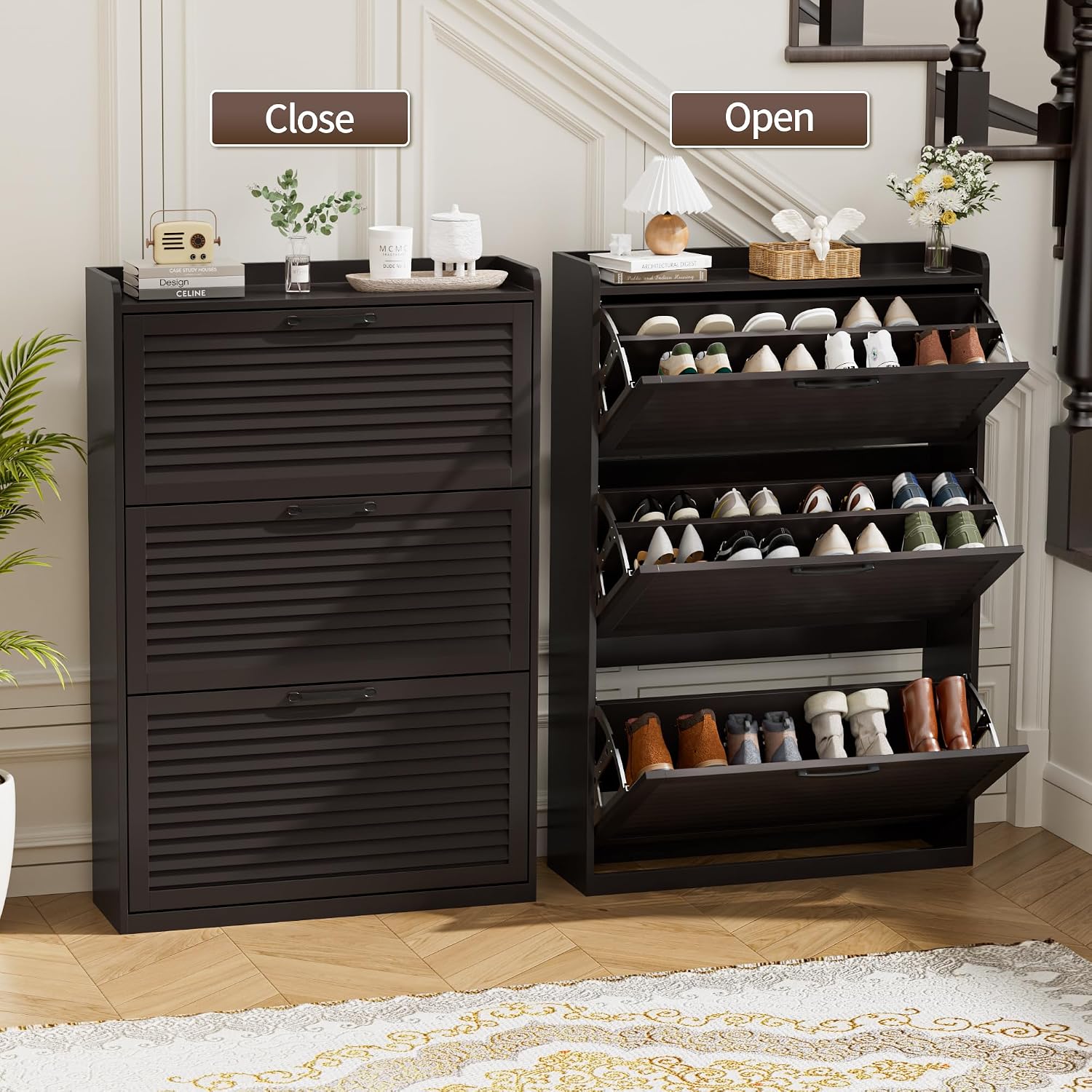 BonVache Shoe Storage with 3 Flip Louvered Doors, Narrow Wooden Shoe Cabinet (120x80x24cm) with Adjustable Shelves For Hallway, Entreway, Living Room,Cafe
