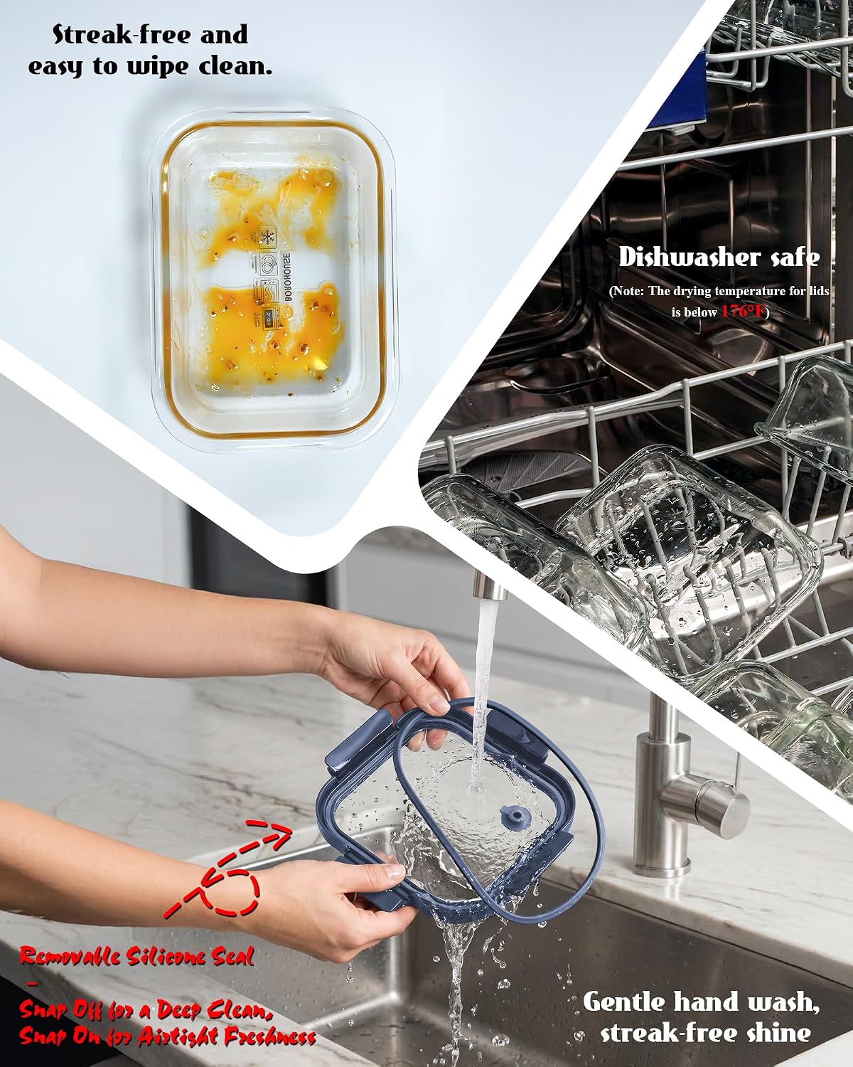 Borohouse 12-piece glass food storage container set features clear, stackable borosilicate glass bases with blue, snap-locking tempered lids for an airtight seal