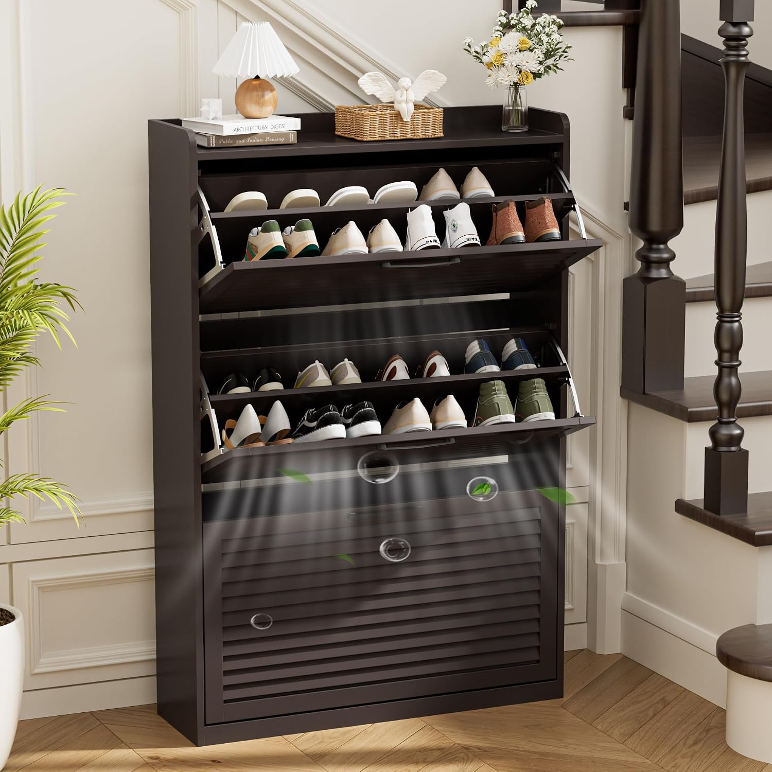 BonVache Shoe Storage with 3 Flip Louvered Doors, Narrow Wooden Shoe Cabinet (120x80x24cm) with Adjustable Shelves For Hallway, Entreway, Living Room,Cafe