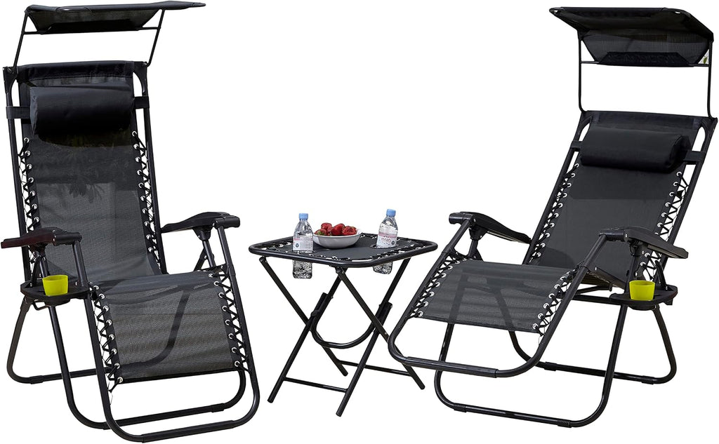 Neo 3pcs Folding Portable Zero Gravity Chairs Sun Lounger Table Set Cup Holders Reclining Garden Patio Outdoor Camping (Grey)