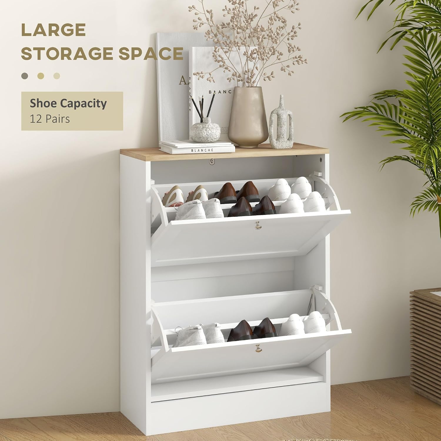 HOMCOM Shoe Cabinet with 2 Flip Drawers, Narrow Slim Shoe Rack, White | Freestanding, Storage Cabinet, for Entryway, Hallway