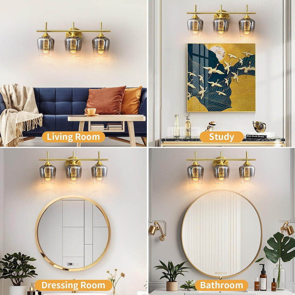 WILON Bathroom Wall Light Fixtures Over Mirror, 3-Light Bathroom lamp Wall with Grey Gradient Lampshade, Wall Lights with LED Acrylic Bubble Light Column, Wall Scones for Living Room Kitchen Bedroom