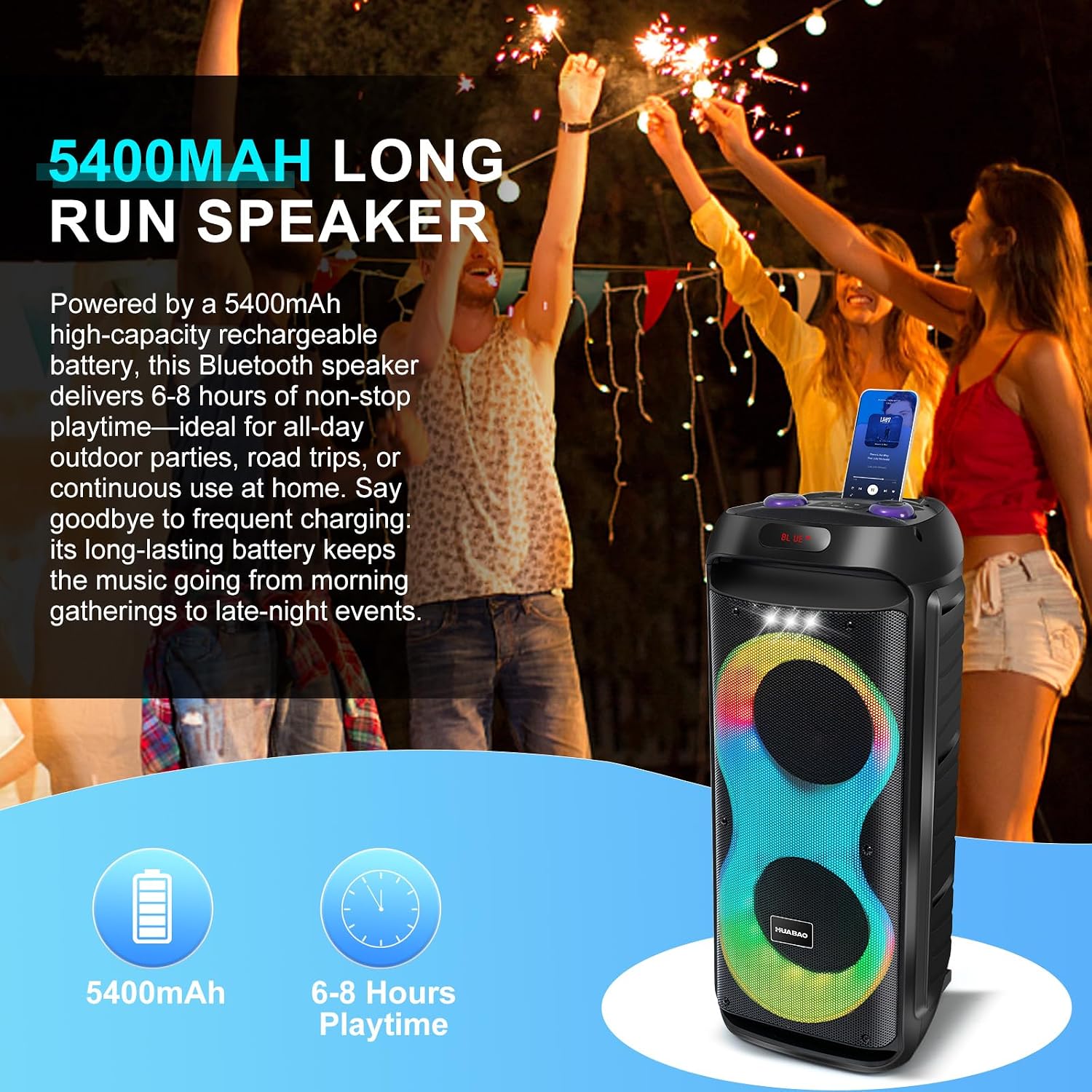 Bluetooth Karaoke Speaker with 2 Wireless Microphones – 40W Portable PA System with LED Lights, TWS Pairing, 6.5” Dual Woofers, Rolling Wheels, Rechargeable Battery - for Party/Home/Outdoor