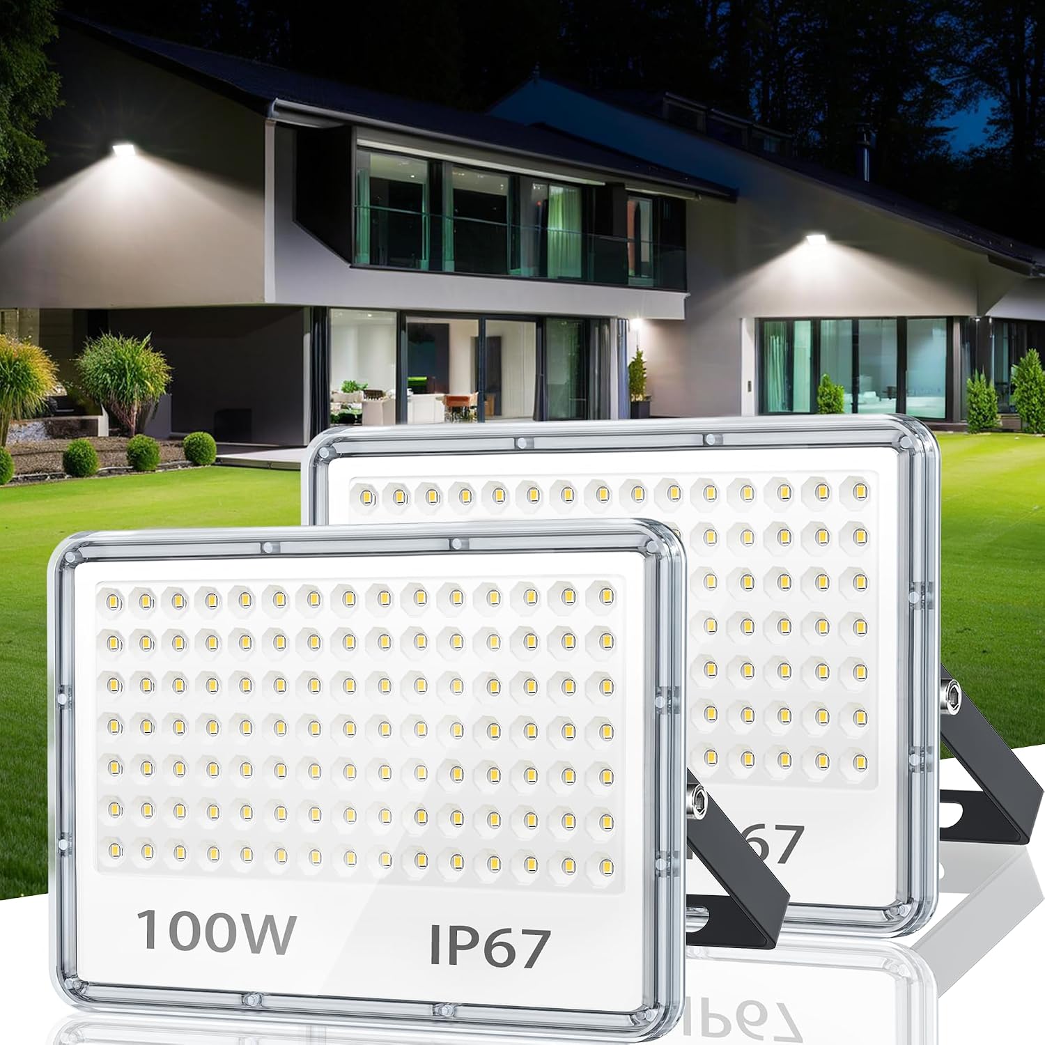 00W LED Floodlight Outdoor 2 Pack, 10000LM Outdoor Security Lights, IP67 Waterproof LED Spot Lights 7000K Daylight LED Flood Lights for Garden Yard Garages Warehouse Patio Billboard