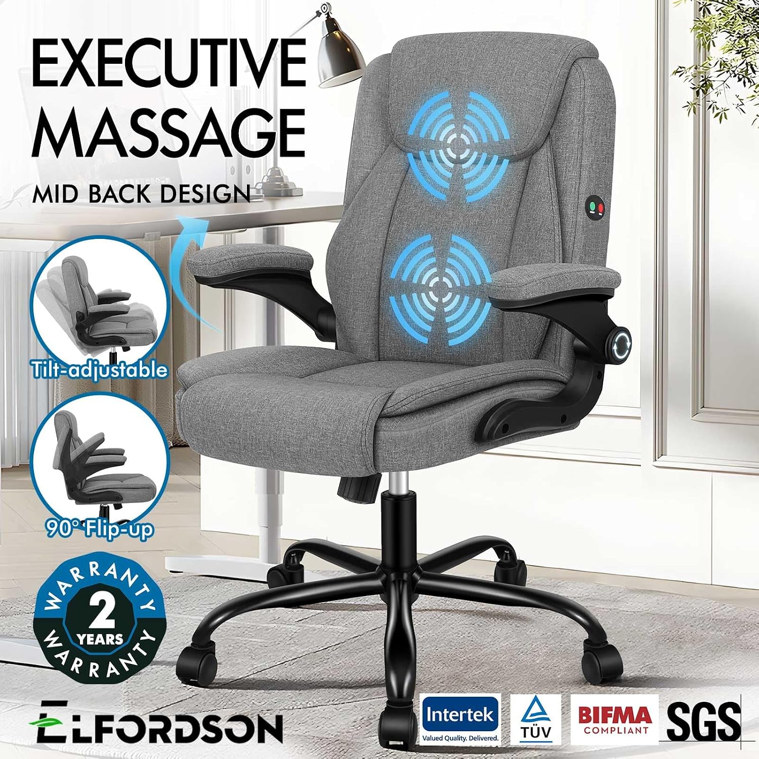 ELFORDSON Massage Home Office Chair, Mid-back Executive Work Chairs with 90° Flip-up Armrests, Adjustable Height, Swivel, Ergonomic Heavy-duty Desk Work Chair, PU Leather, Grey