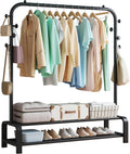 Heavy Duty Clothes Rail for Bedroom, Metal Coat Stand Rack, Freestanding Clothing Garment Hanging Rails, Clothes Storage Organiser, 2 Tiers Shoe Rack+6 Side Hooks Storage Shelf (Black)