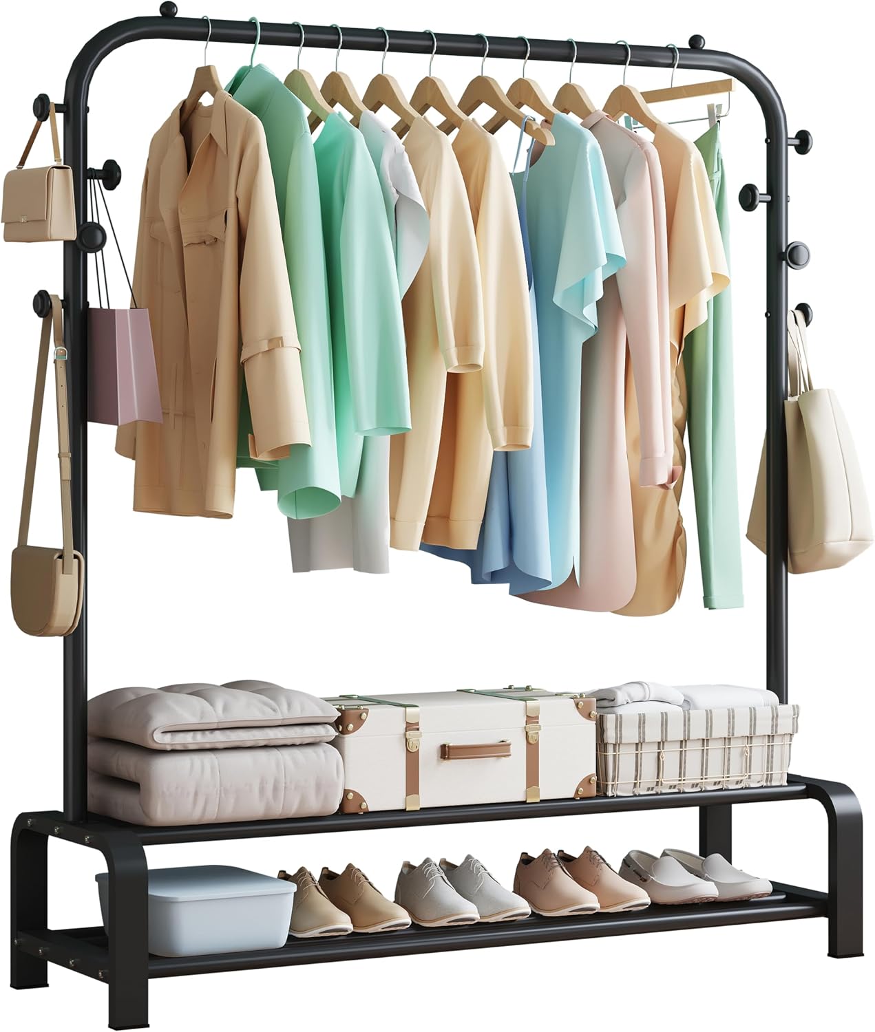 Heavy Duty Clothes Rail for Bedroom, Metal Coat Stand Rack, Freestanding Clothing Garment Hanging Rails, Clothes Storage Organiser, 2 Tiers Shoe Rack+6 Side Hooks Storage Shelf (Black)