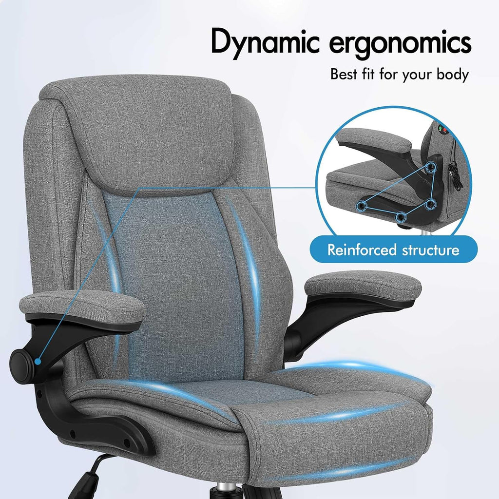 ELFORDSON Massage Home Office Chair, Mid-back Executive Work Chairs with 90° Flip-up Armrests, Adjustable Height, Swivel, Ergonomic Heavy-duty Desk Work Chair, PU Leather, Grey