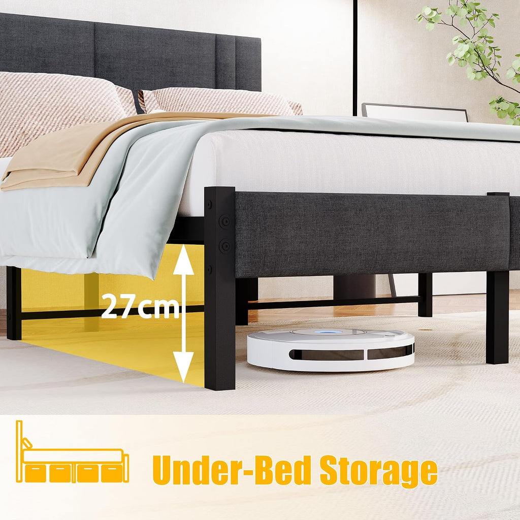King Size Bed Frame Upholstered Platform with Headboard,150×200cm Metal King Size Bed Frame with Slats Support, Mattress Foundation, Dark Grey