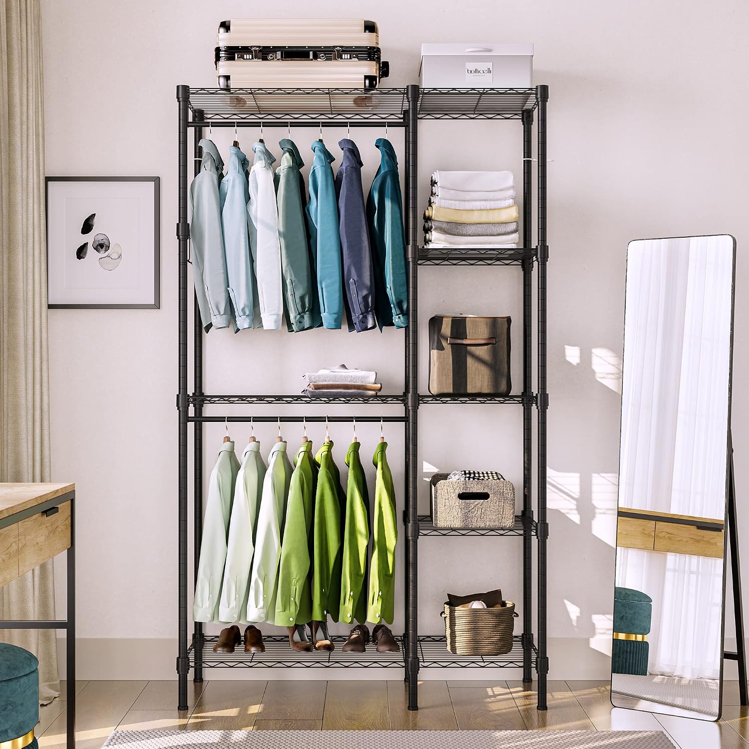 Heavy Duty Clothes Rack: 22mm carbon steel tubes, ideal for heavy coats and long dresses Stable on Any Floor: Suitable for wood, tile, or carpet, keeping your clothes, shoes, and bags