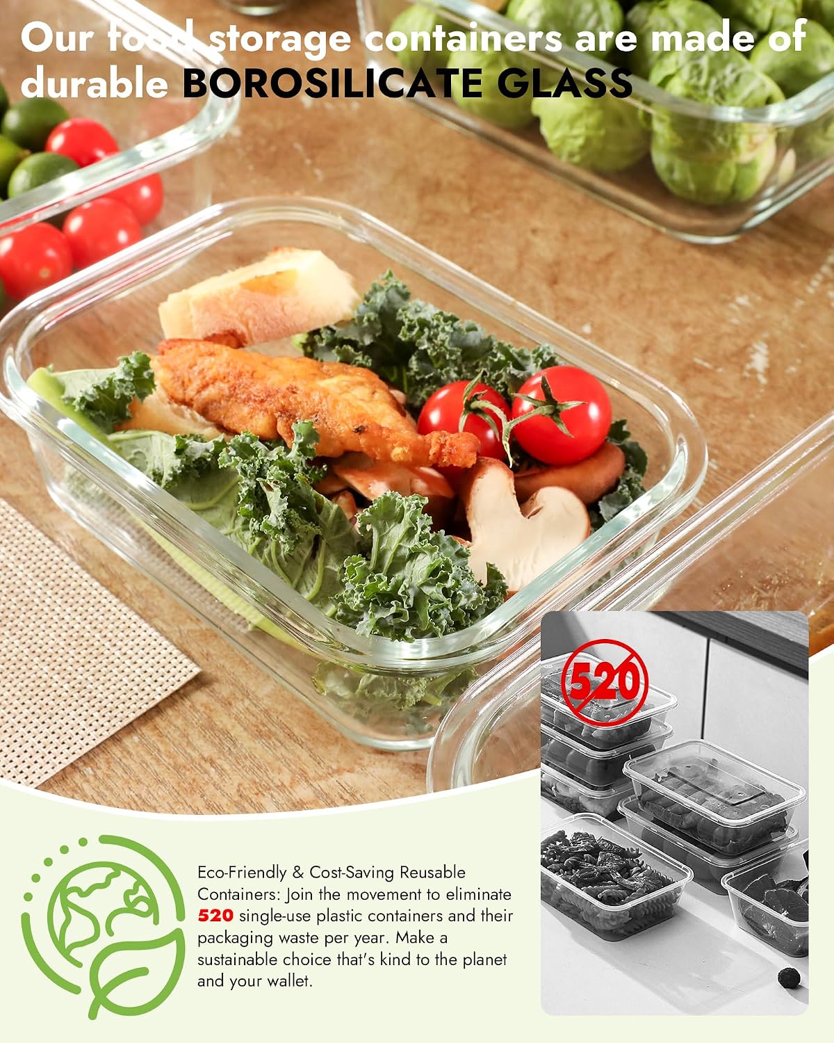 Borohouse 12-piece glass food storage container set features clear, stackable borosilicate glass bases with blue, snap-locking tempered lids for an airtight seal
