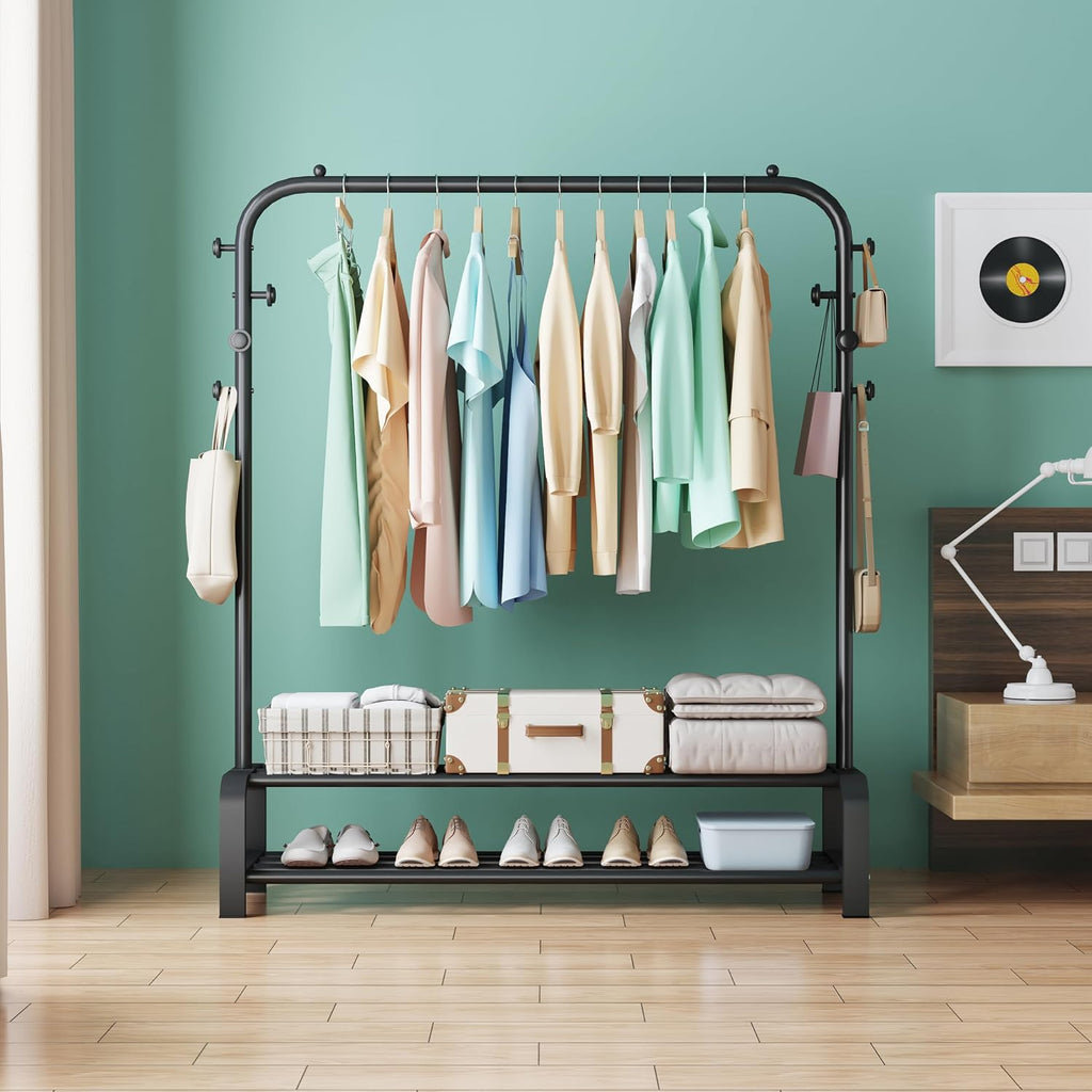Heavy Duty Clothes Rail for Bedroom, Metal Coat Stand Rack, Freestanding Clothing Garment Hanging Rails, Clothes Storage Organiser, 2 Tiers Shoe Rack+6 Side Hooks Storage Shelf (Black)