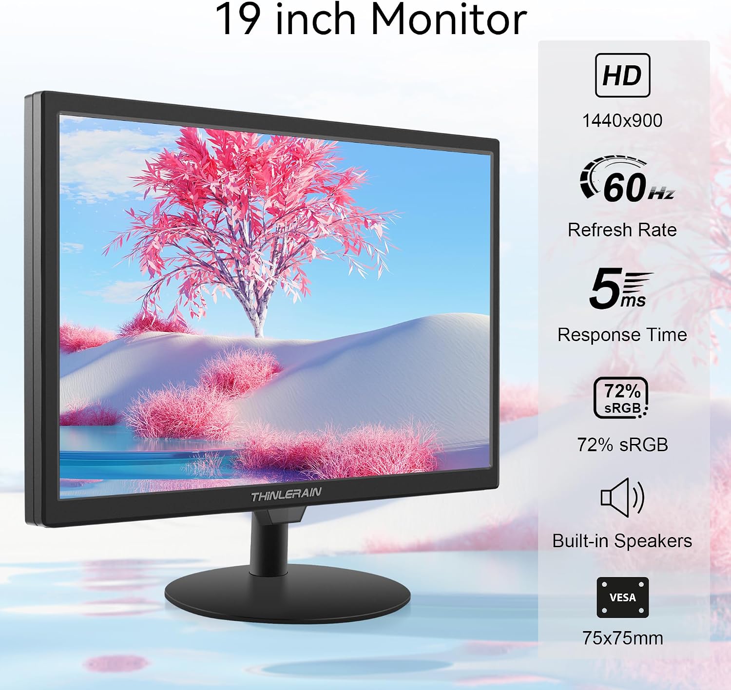 19 Inch PC Monitor 1440x900 LED Display Computer Monitor with VGA/HDMI/AV/BNC/USB, Build in Speaker, 5Ms Response Time, 60 Hz Refresh Rate, VESA, Black