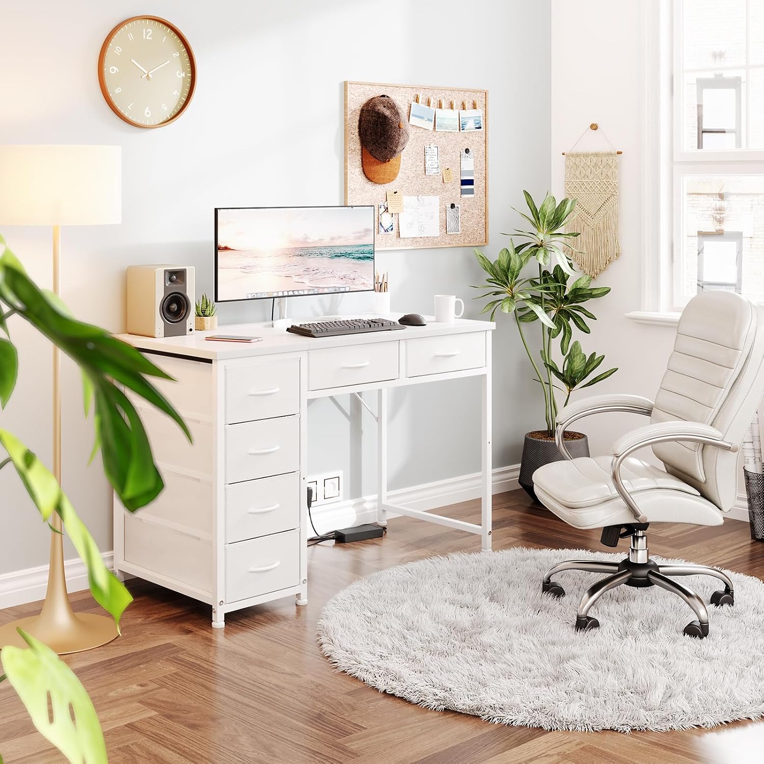 MUTUN 100x48 cm Desk, Small Computer Desk with 6 Fabric Drawers, Reversible Home Office Desk with Adjustable Feet, Work Desks for Office, Study, Vanity Table for Bedroom, White