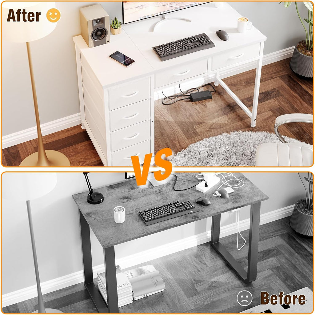 MUTUN 100x48 cm Desk, Small Computer Desk with 6 Fabric Drawers, Reversible Home Office Desk with Adjustable Feet, Work Desks for Office, Study, Vanity Table for Bedroom, White