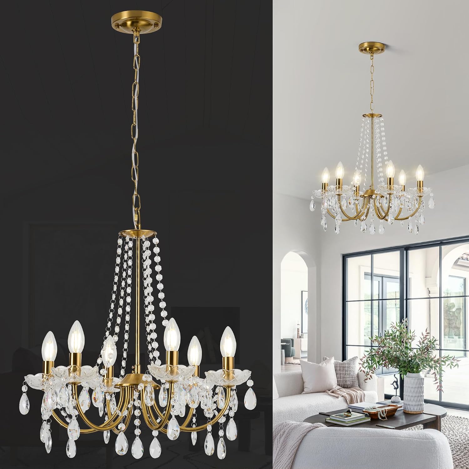 Crystal Chandelier,K9 Crystal Pendant Lighting for Living Room Golden Ceiling Fixture for Wedding,Kitchen,Dining,Foyer,H 18.5" x W 21.3"