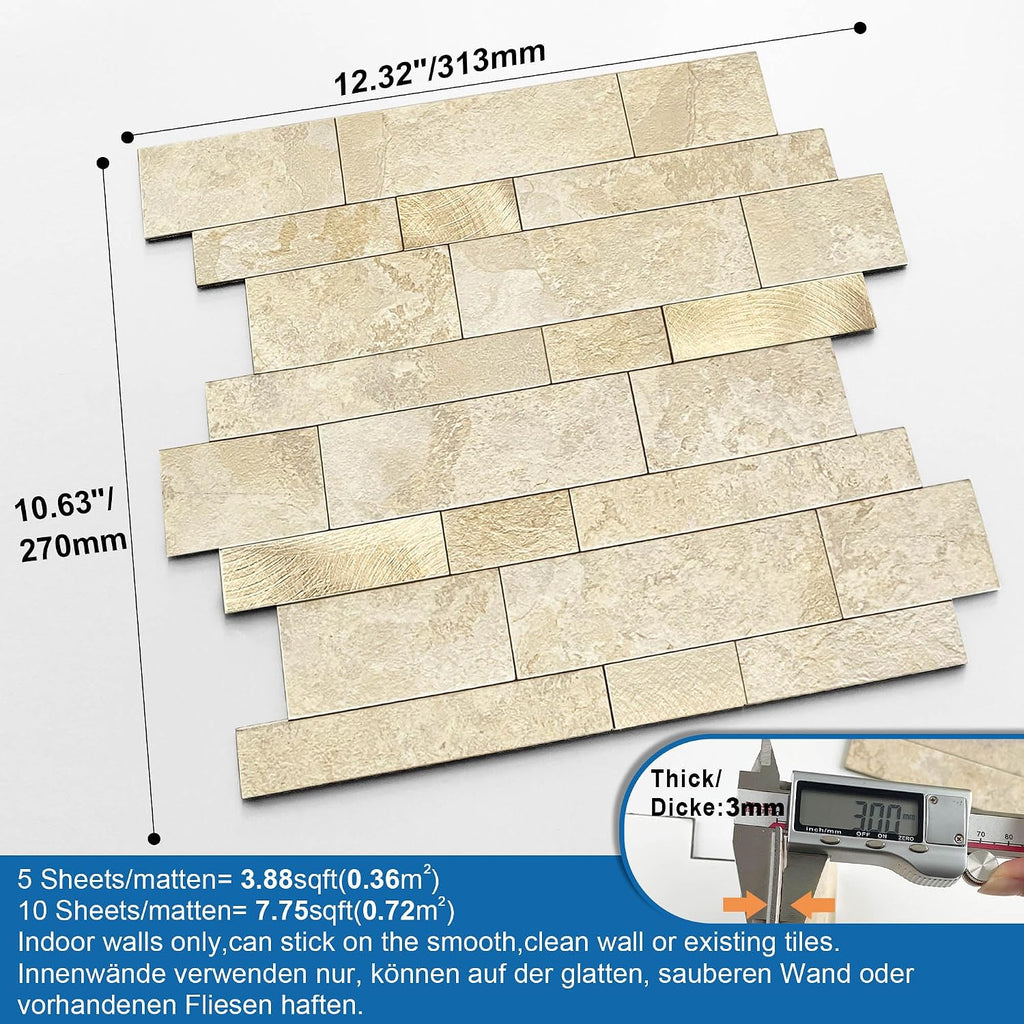 Self Adhesive Wall Tiles Marble Stickers Beige Gold 10pcs