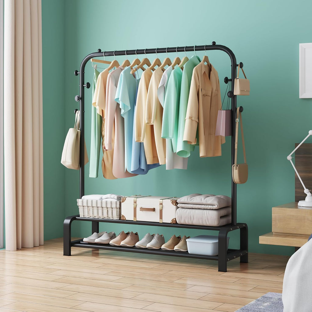 Heavy Duty Clothes Rail for Bedroom, Metal Coat Stand Rack, Freestanding Clothing Garment Hanging Rails, Clothes Storage Organiser, 2 Tiers Shoe Rack+6 Side Hooks Storage Shelf (Black)
