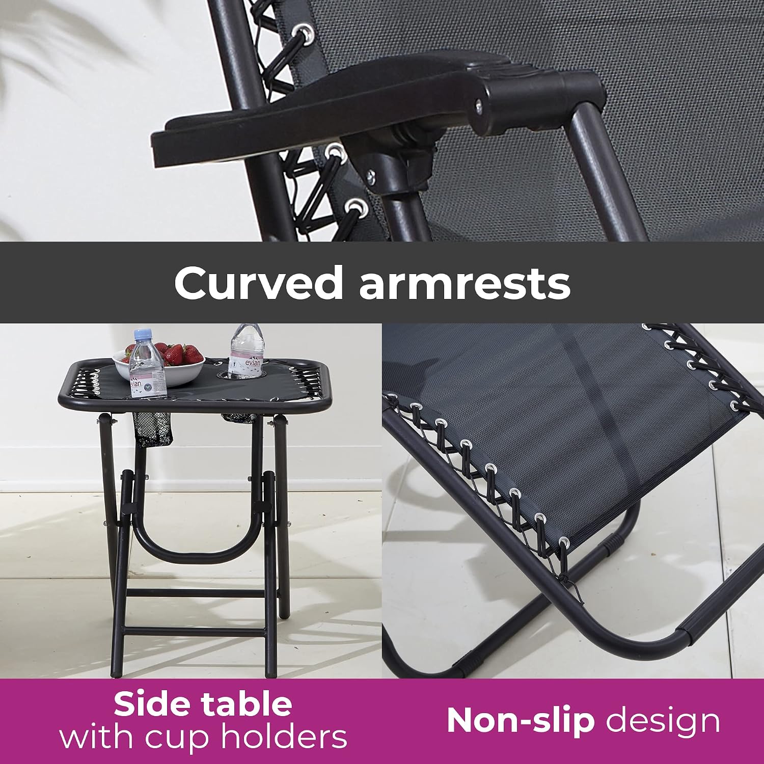 Neo 3pcs Folding Portable Zero Gravity Chairs Sun Lounger Table Set Cup Holders Reclining Garden Patio Outdoor Camping (Grey)