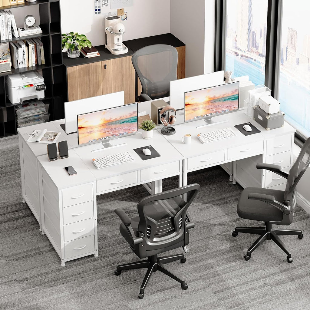MUTUN 100x48 cm Desk, Small Computer Desk with 6 Fabric Drawers, Reversible Home Office Desk with Adjustable Feet, Work Desks for Office, Study, Vanity Table for Bedroom, White