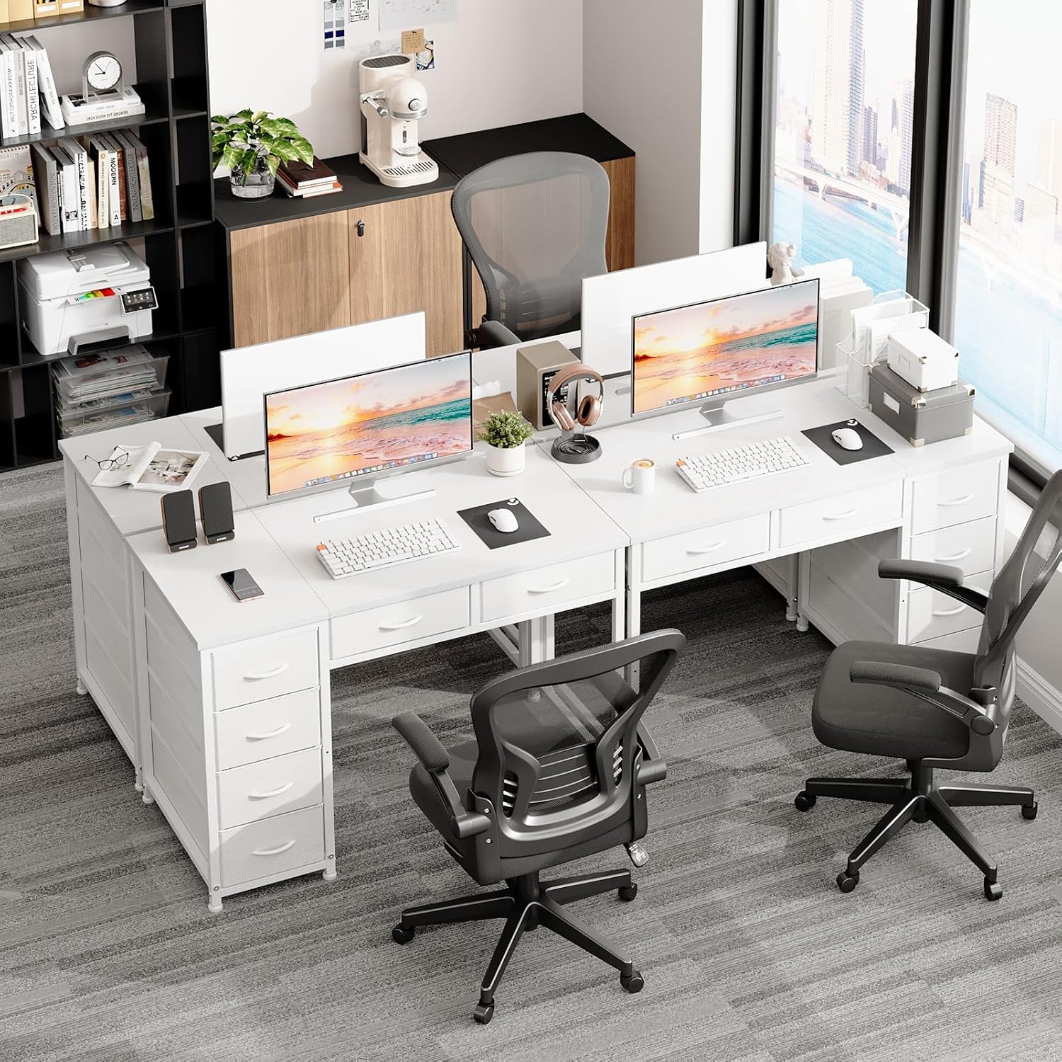 MUTUN 100x48 cm Desk, Small Computer Desk with 6 Fabric Drawers, Reversible Home Office Desk with Adjustable Feet, Work Desks for Office, Study, Vanity Table for Bedroom, White