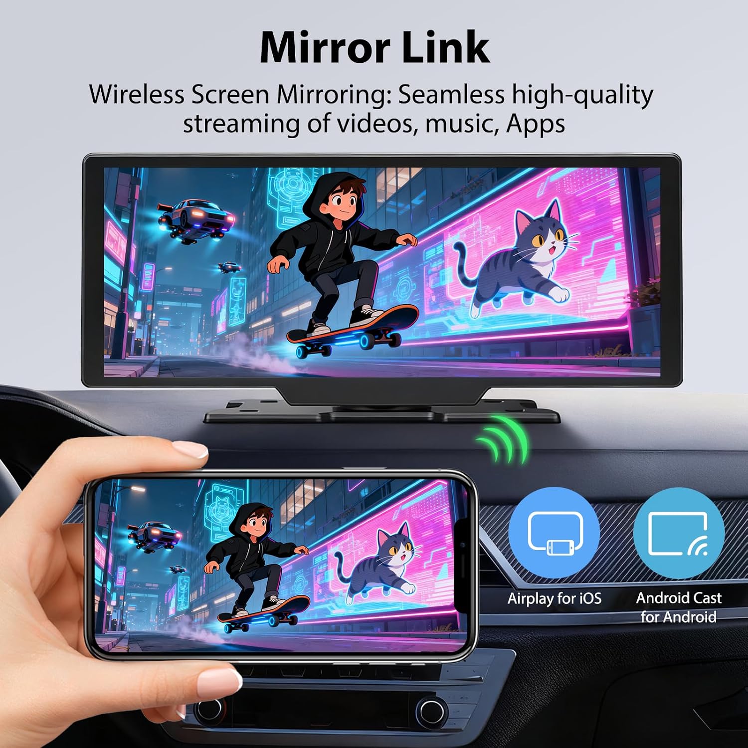 ELECROW 10.26" Wireless CarPlay Screen with 4K Dash Cam | Wireless Apple CarPlay Android Auto 4K front dash cam HD rear view camera mirror link voice control FM GPS navigation mount