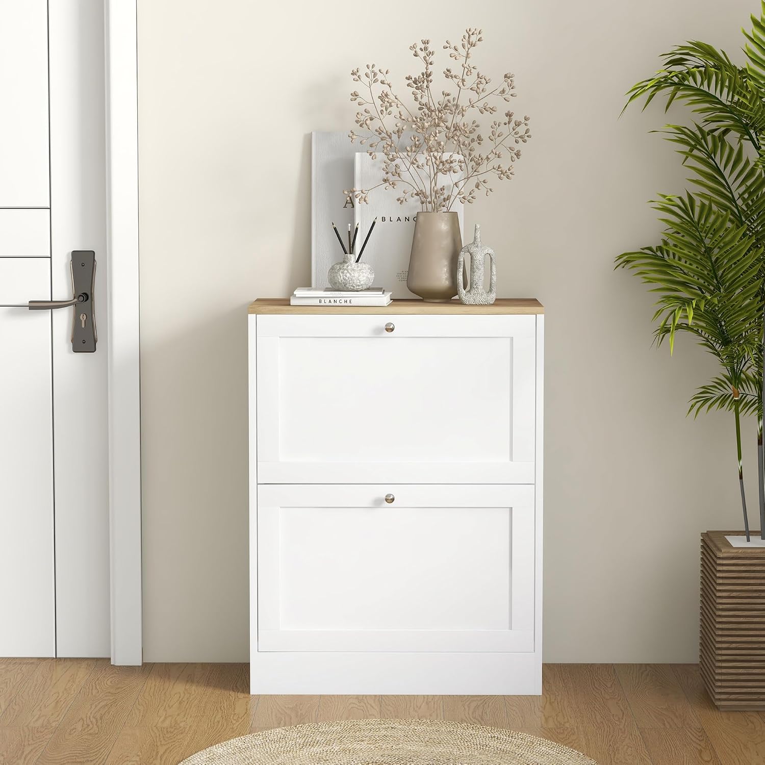 HOMCOM Shoe Cabinet with 2 Flip Drawers, Narrow Slim Shoe Rack, White | Freestanding, Storage Cabinet, for Entryway, Hallway