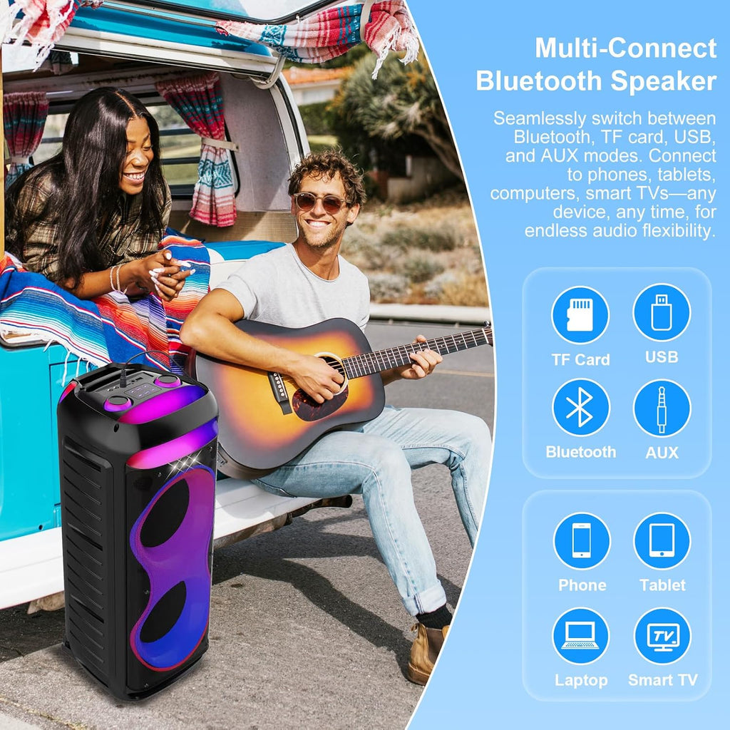 Bluetooth Karaoke Speaker with 2 Wireless Microphones – 40W Portable PA System with LED Lights, TWS Pairing, 6.5” Dual Woofers, Rolling Wheels, Rechargeable Battery - for Party/Home/Outdoor