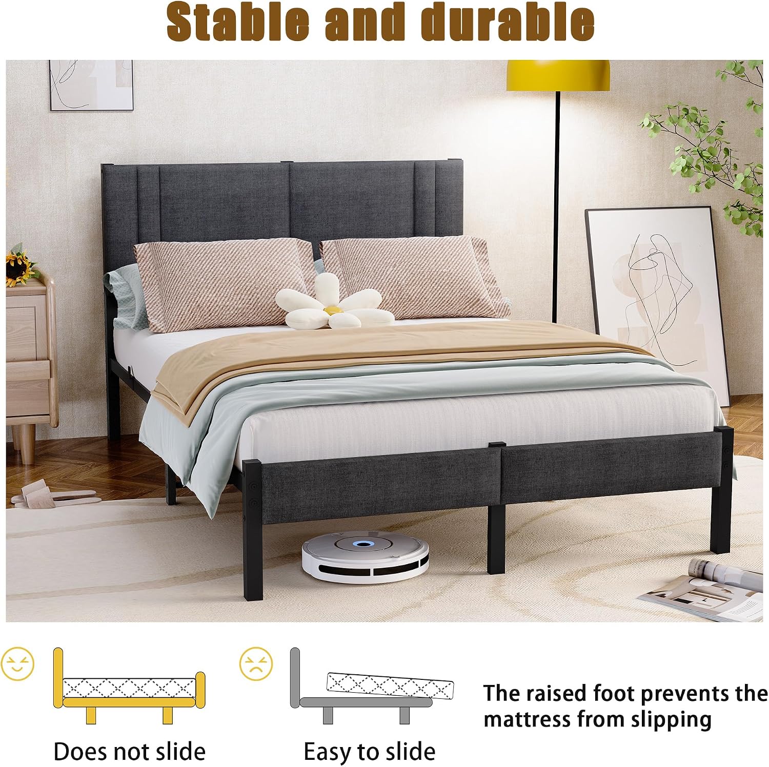 King Size Bed Frame Upholstered Platform with Headboard,150×200cm Metal King Size Bed Frame with Slats Support, Mattress Foundation, Dark Grey