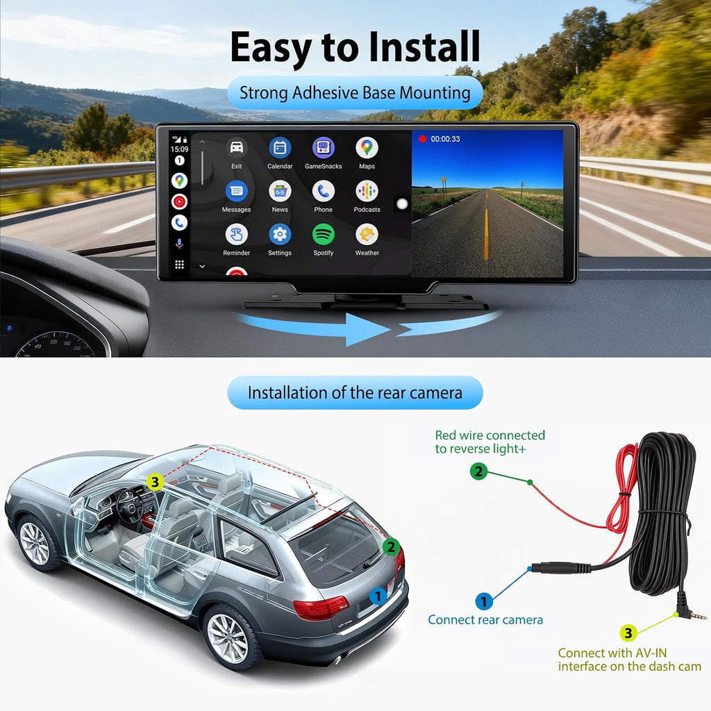 ELECROW 10.26" Wireless CarPlay Screen with 4K Dash Cam | Wireless Apple CarPlay Android Auto 4K front dash cam HD rear view camera mirror link voice control FM GPS navigation mount