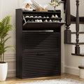 BonVache Shoe Storage with 3 Flip Louvered Doors, Narrow Wooden Shoe Cabinet (120x80x24cm) with Adjustable Shelves For Hallway, Entreway, Living Room,Cafe