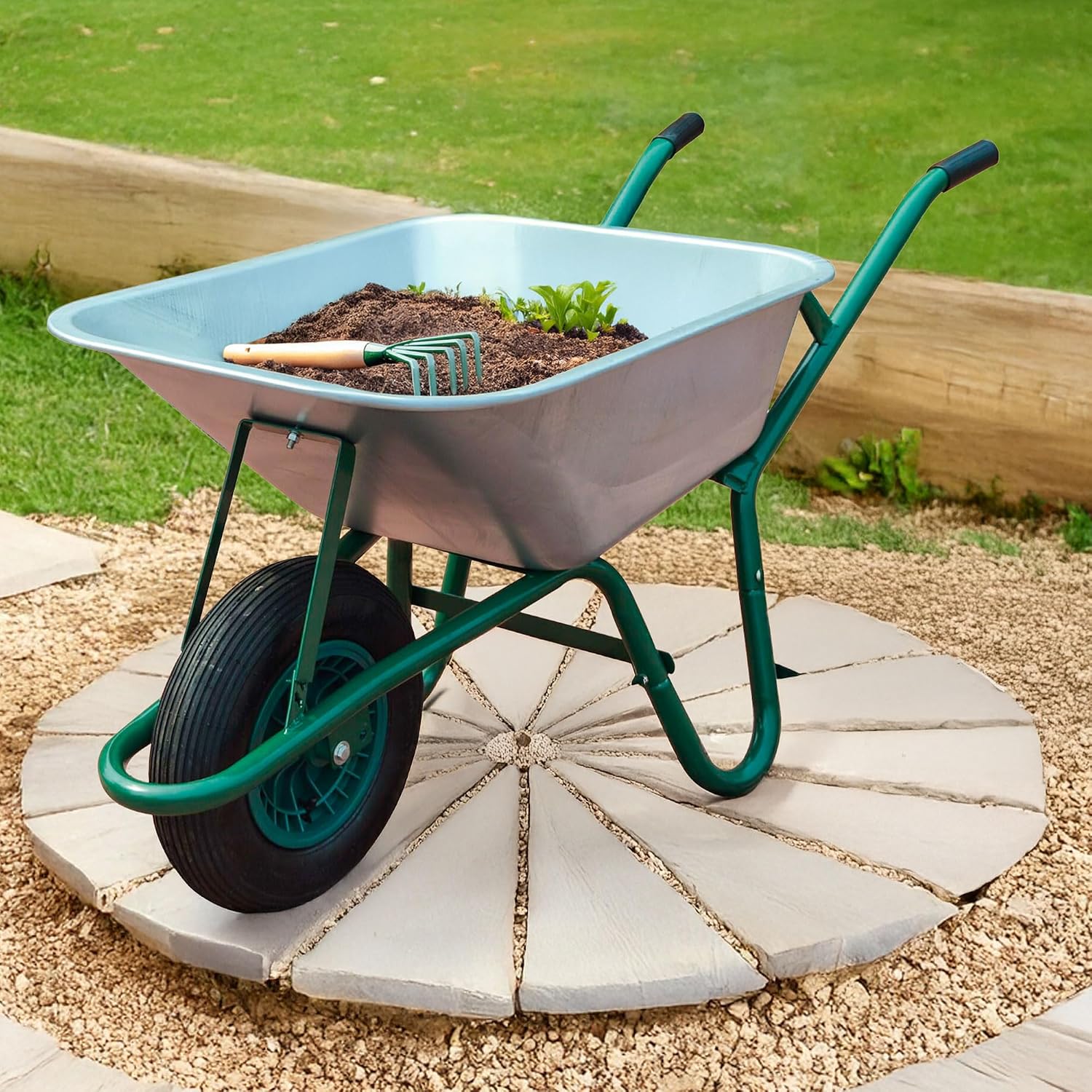 Wheelbarrow Home Garden Cart Galvanised with Pneumatic Tyre (85L) Silver