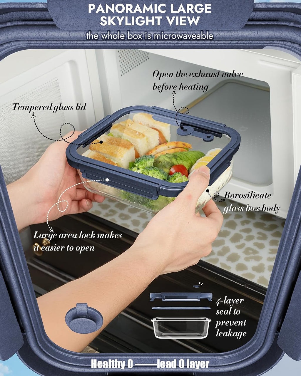 Borohouse 12-piece glass food storage container set features clear, stackable borosilicate glass bases with blue, snap-locking tempered lids for an airtight seal