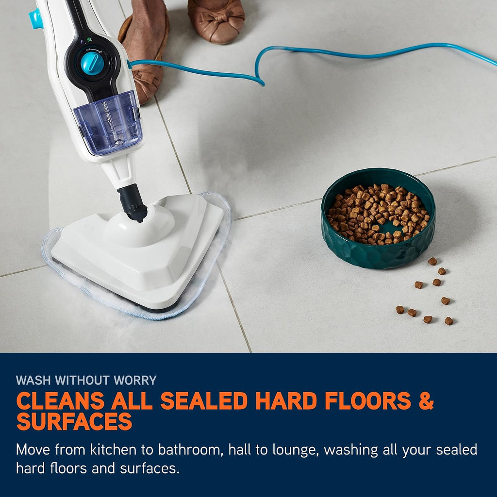 Vax Steam Fresh Combi Classic Steam Cleaner, Portable Handheld and Floor Steam Mop, Detergent and 10 Accessories for the Oven, Bathroom and Home, Easy to Carry, 1600W, 3.7kg, White & Blue, S86-SF-CC