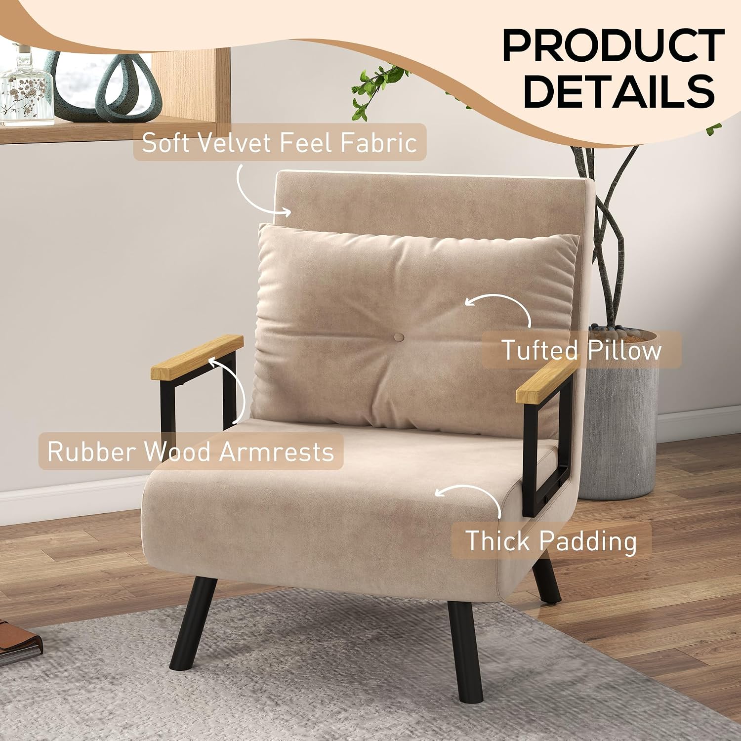 HOMCOM Single Chair Bed, Click Clack Convertible Bed Settee, Modern Velvet Feel Fabric Chai