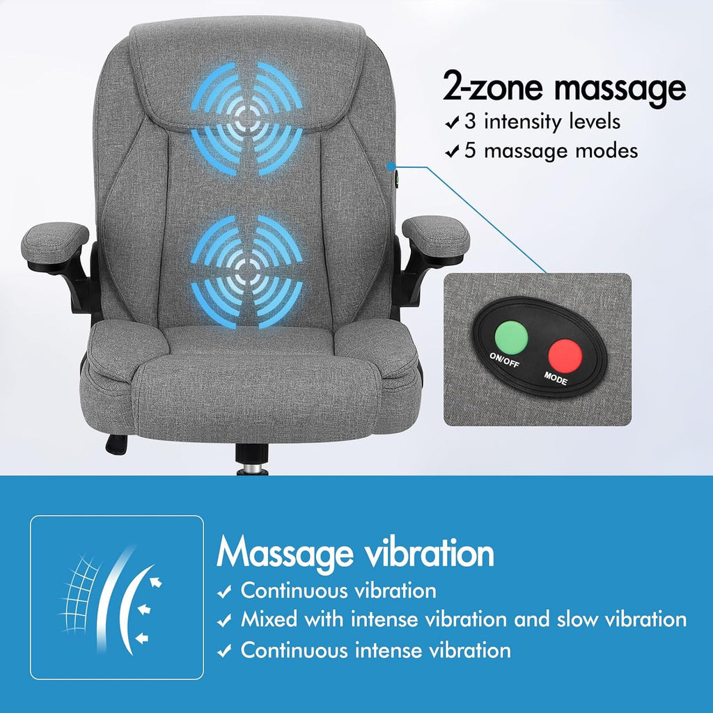 ELFORDSON Massage Home Office Chair, Mid-back Executive Work Chairs with 90° Flip-up Armrests, Adjustable Height, Swivel, Ergonomic Heavy-duty Desk Work Chair, PU Leather, Grey