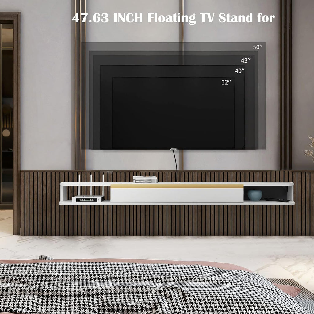 Pmnianhua Floating TV Stand, Wall Mounted Entertainment Center TV Media Console, Floating Shelves with Door, Floating TV Cabinet Large Storage TV Bench for Living Room (White, 120cm)