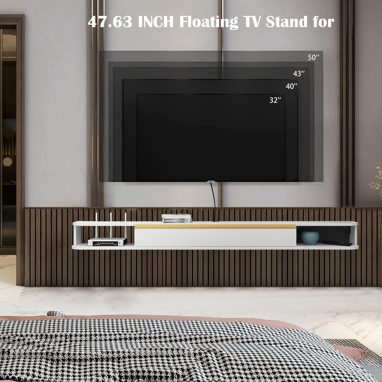 Pmnianhua Floating TV Stand, Wall Mounted Entertainment Center TV Media Console, Floating Shelves with Door, Floating TV Cabinet Large Storage TV Bench for Living Room (White, 120cm)