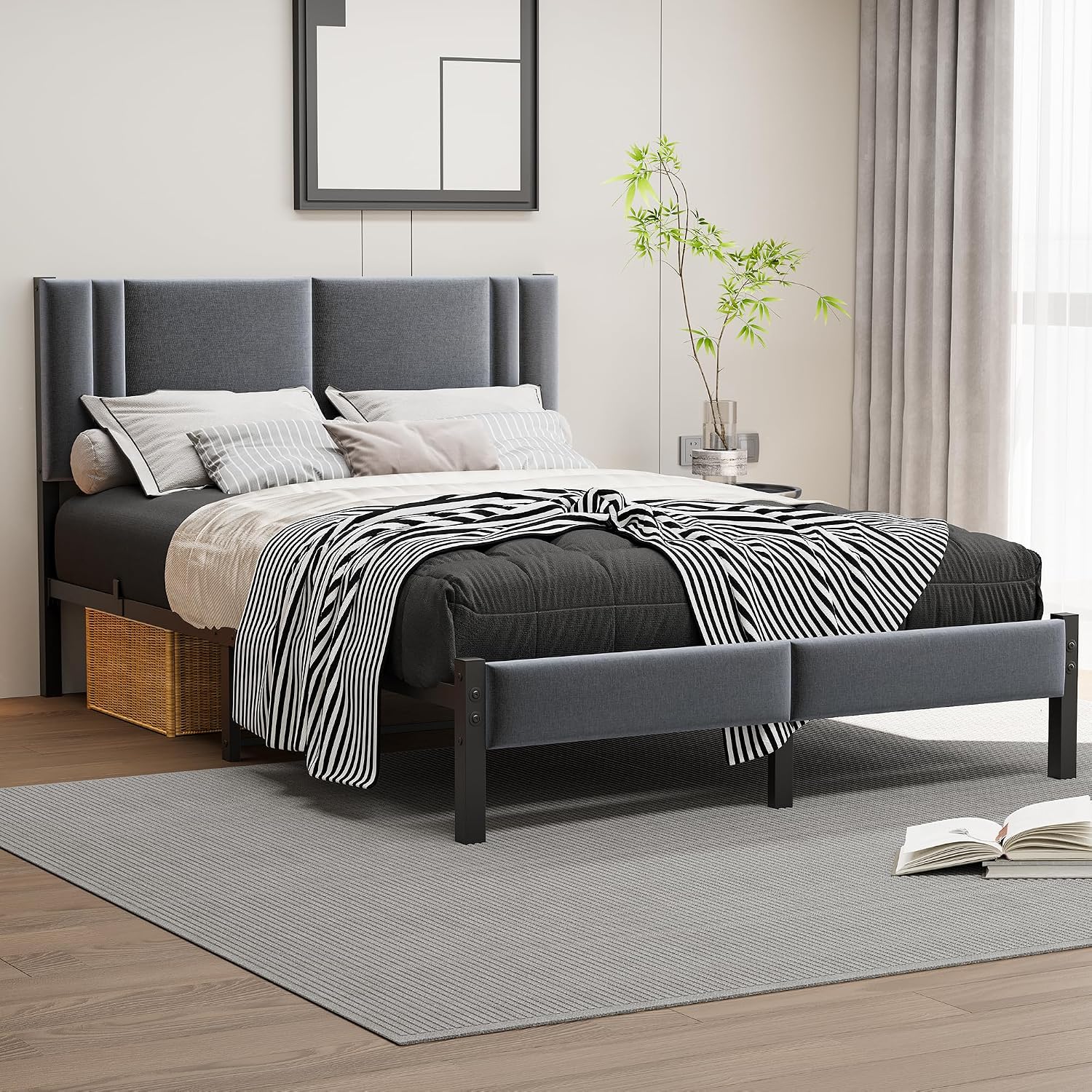 King Size Bed Frame Upholstered Platform with Headboard,150×200cm Metal King Size Bed Frame with Slats Support, Mattress Foundation, Dark Grey