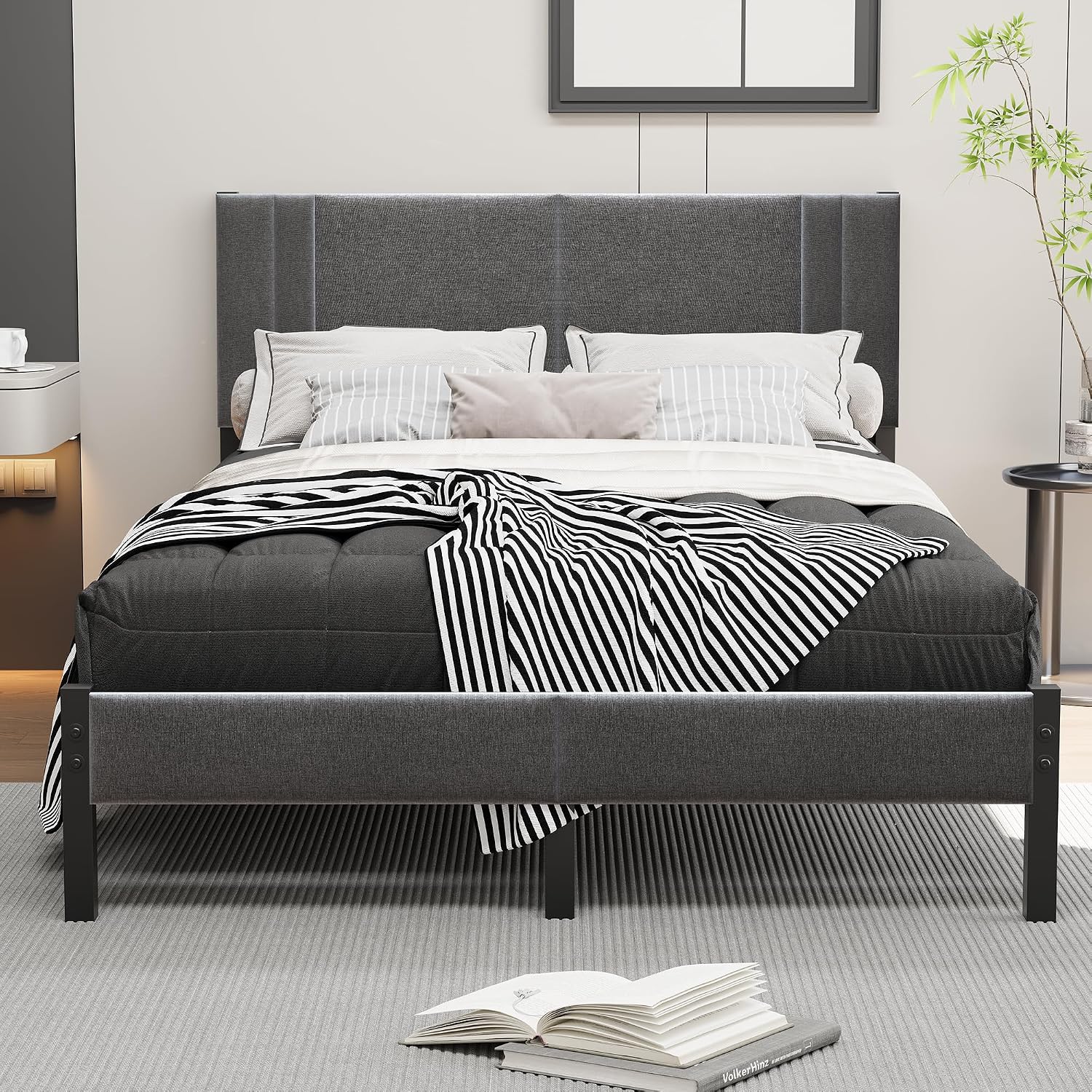 King Size Bed Frame Upholstered Platform with Headboard,150×200cm Metal King Size Bed Frame with Slats Support, Mattress Foundation, Dark Grey