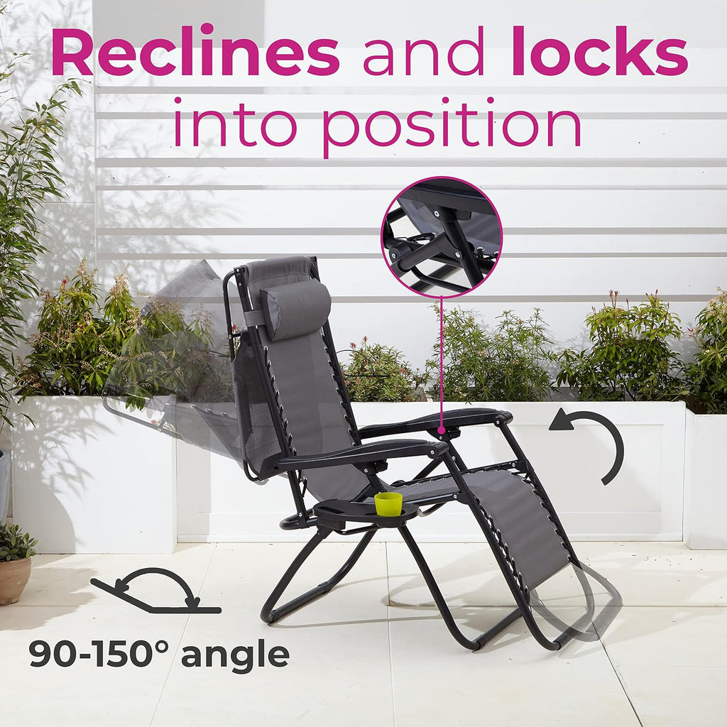 Neo 3pcs Folding Portable Zero Gravity Chairs Sun Lounger Table Set Cup Holders Reclining Garden Patio Outdoor Camping (Grey)