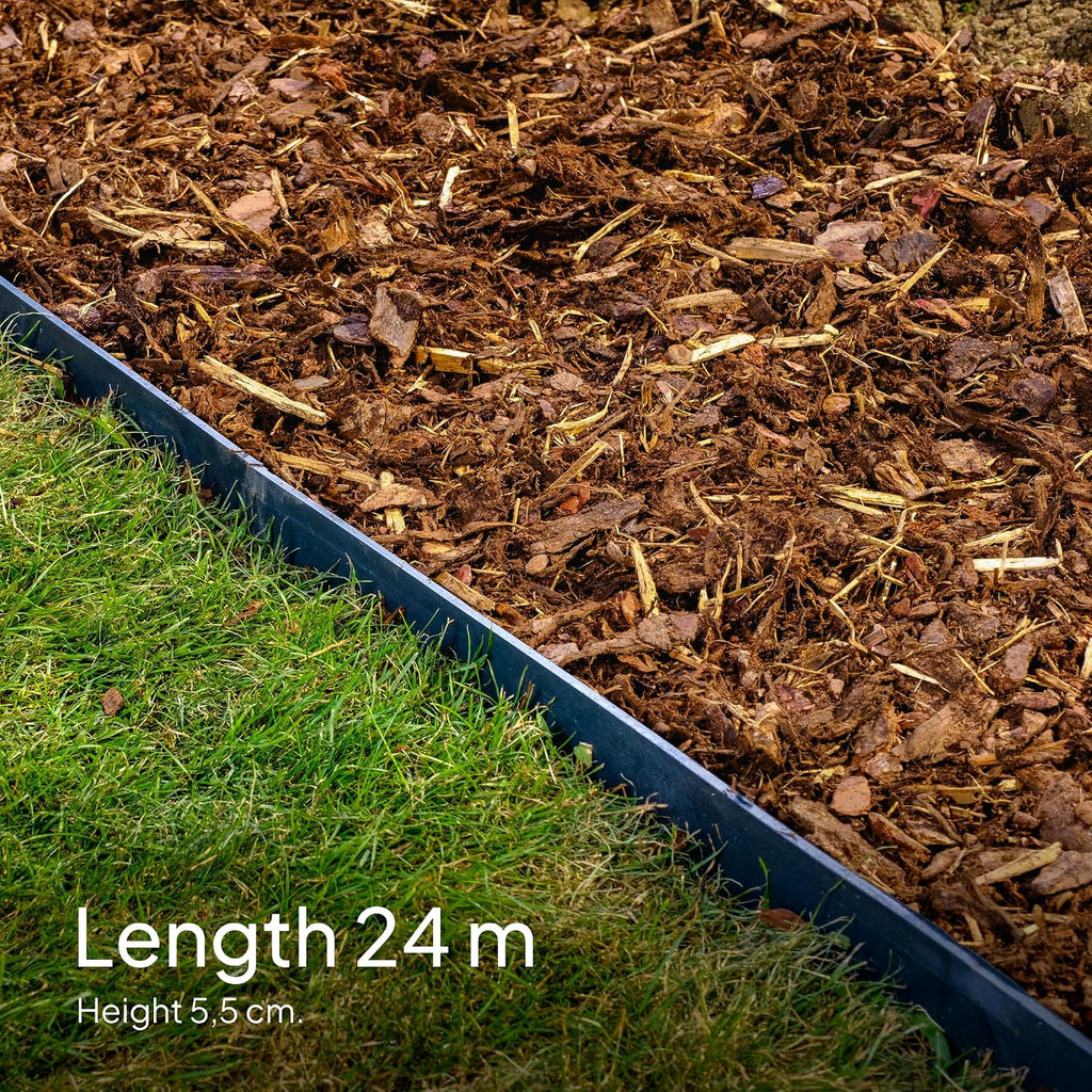 Flexible Lawn Edging 24 m - Invisible Plastic Garden Edge with 100 Securing Pegs - Easy to Use, Weather Resistant - Grass, Flowerbed & Path Border Edging, Height 55 mm, Black