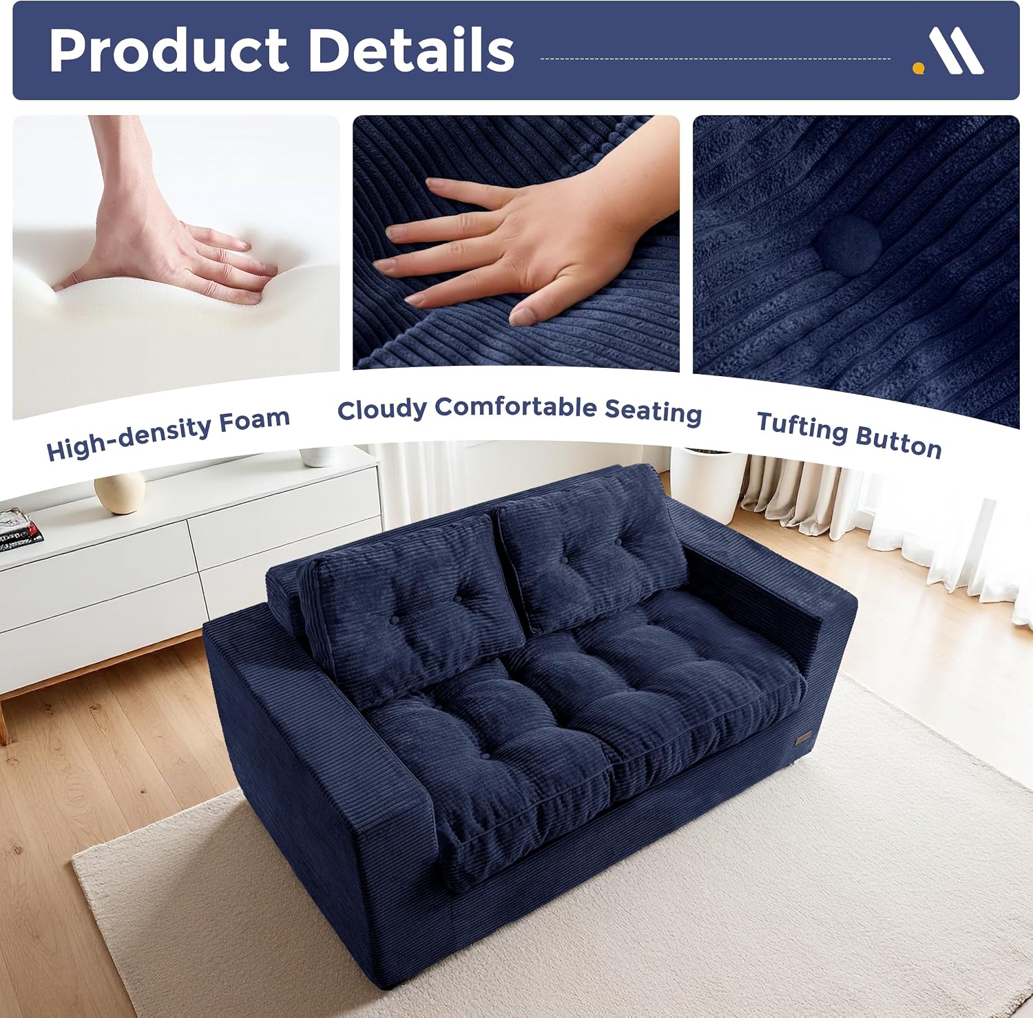 MAXYOYO 2 Seater Sofa Corduroy,Sofa Couch with Armrests,Loveseat Upholstered Floor Sofa Chair,Boneless Couch with Tufted Cushion & Backrest, Large Bean Bag Couch for Bedroom Living Room