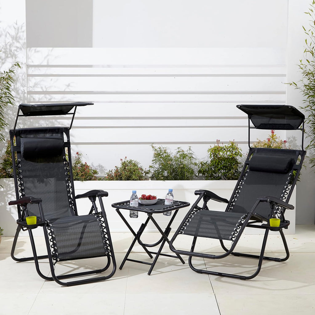 Neo 3pcs Folding Portable Zero Gravity Chairs Sun Lounger Table Set Cup Holders Reclining Garden Patio Outdoor Camping (Grey)