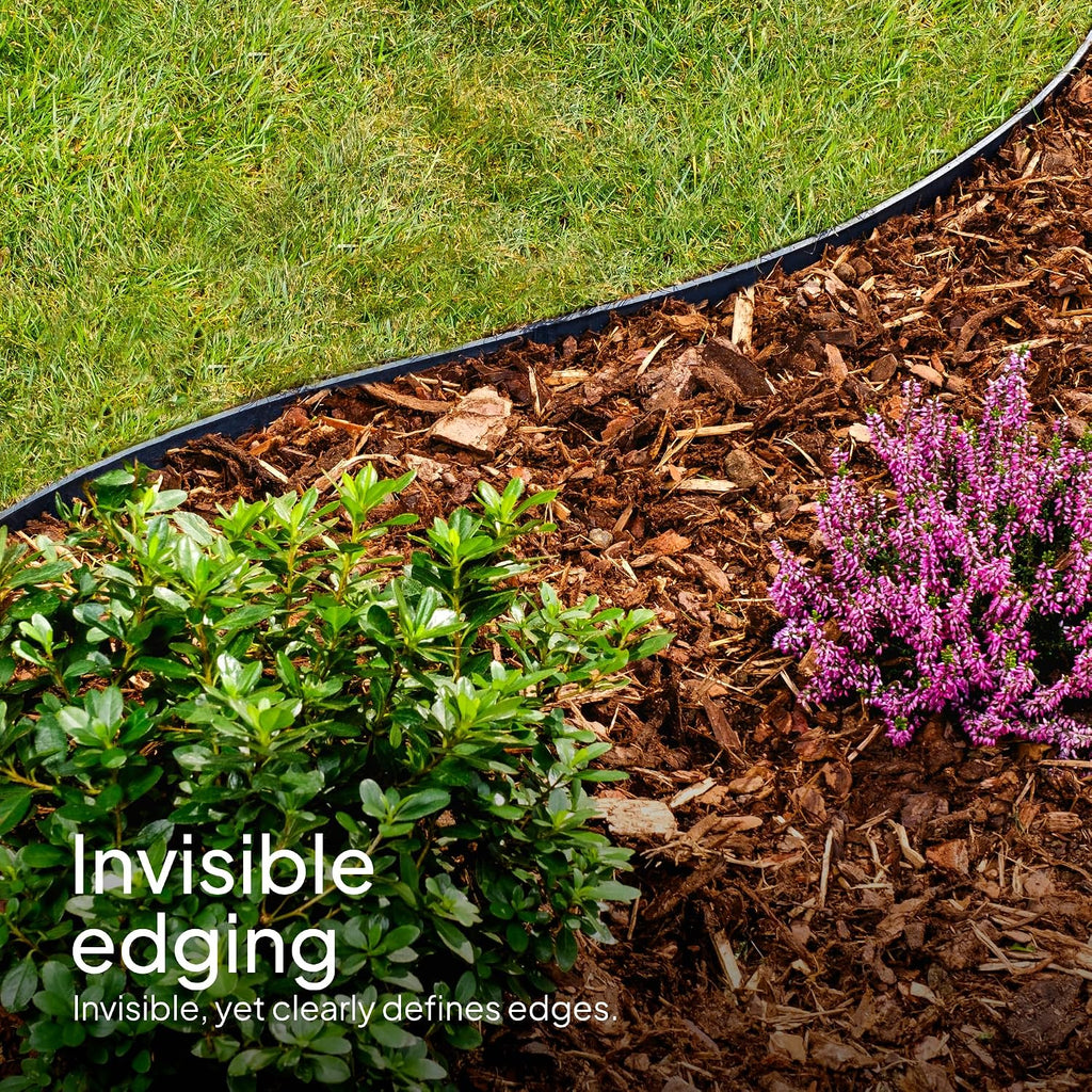 Flexible Lawn Edging 24 m - Invisible Plastic Garden Edge with 100 Securing Pegs - Easy to Use, Weather Resistant - Grass, Flowerbed & Path Border Edging, Height 55 mm, Black
