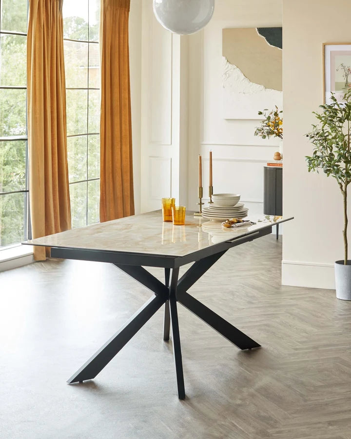 DANETTI HAYDEN 6-8 SEATER EXTENDING DINING TABLE, NATURAL CERAMIC WITH BLACK METAL